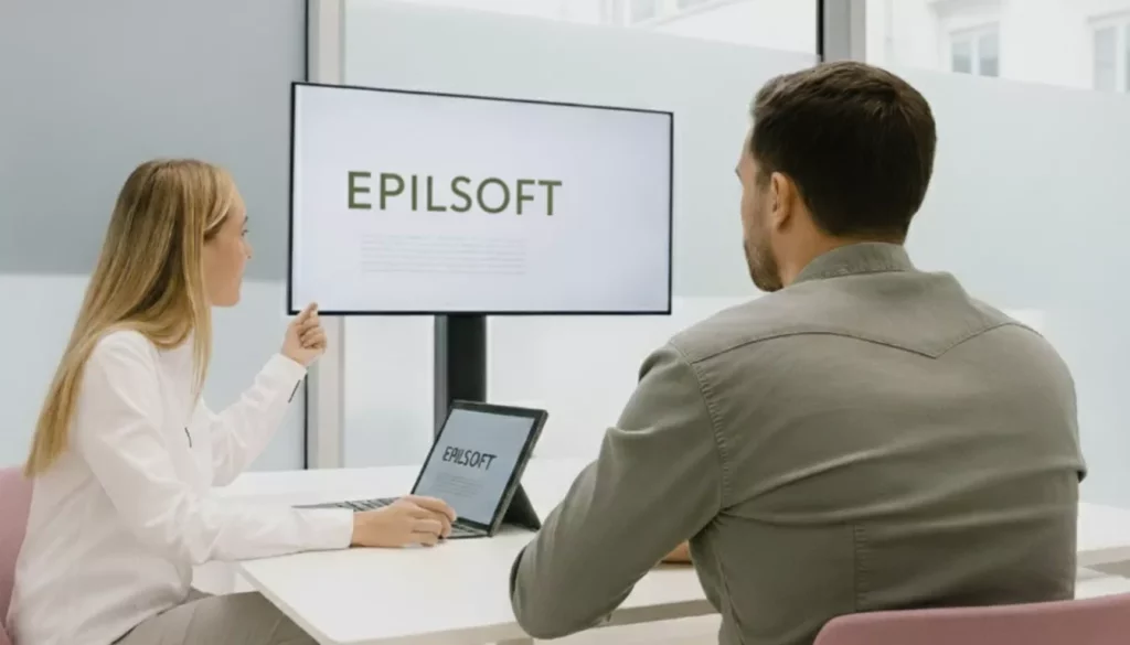 Premier rendez-vous Epilsoft : la praticienne présente au client le devis et un plan de traitement personnalisé.